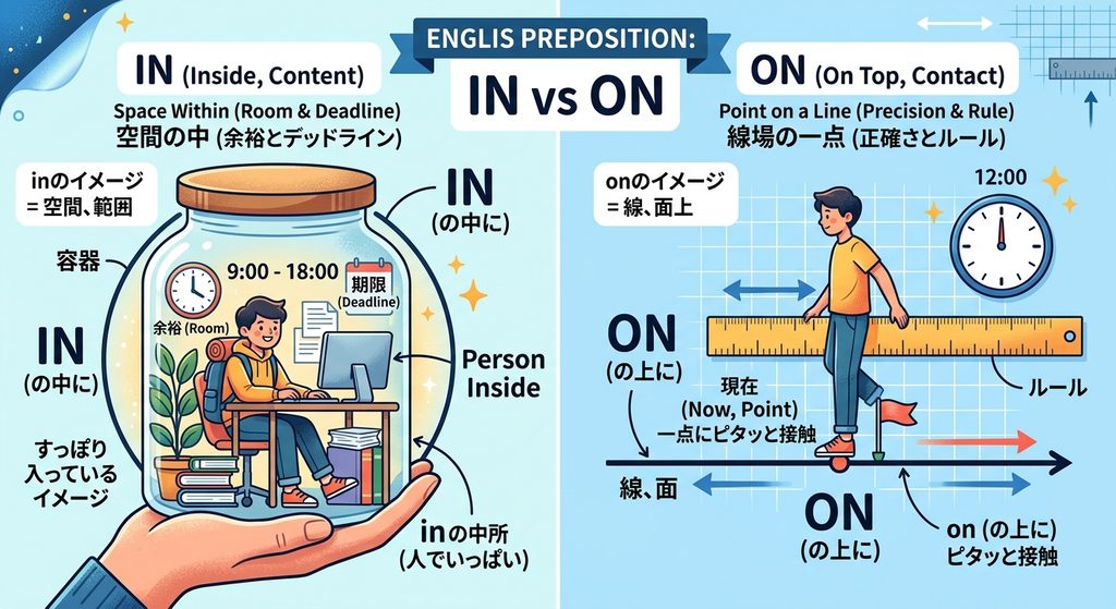inとonの違いを説明しています。
