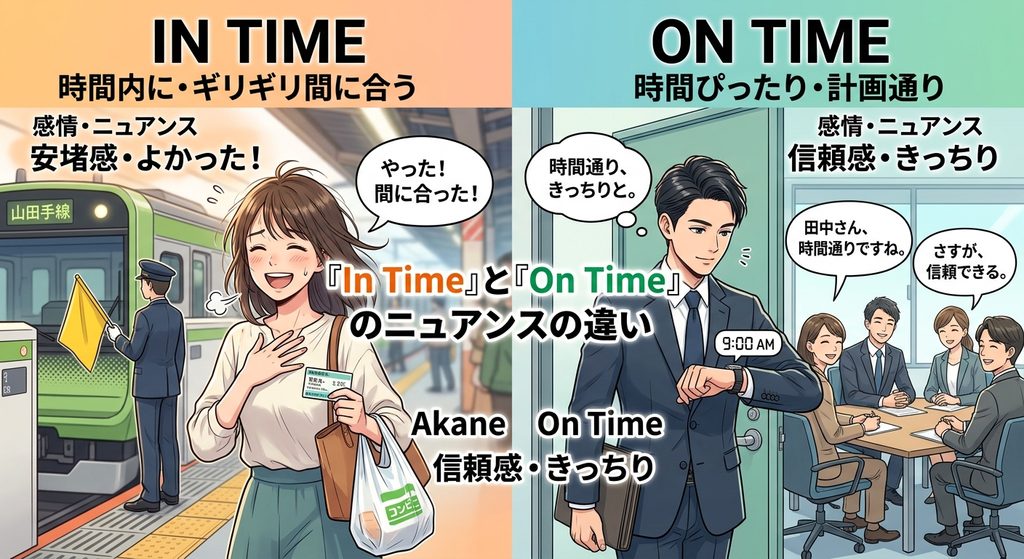 in timeは、「よかった！」という安堵感、on timeは、「きっちりしている」という信頼感の違いが相rます。